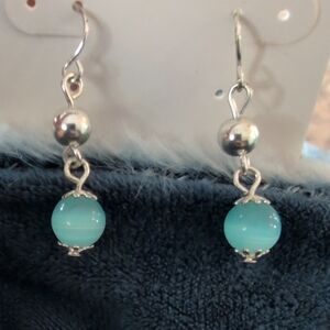 Turquoise Bead Drop Earrings — Silver Tone